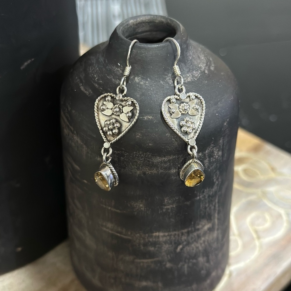 Vintage sterling silver heart earrings with citrine teardrop